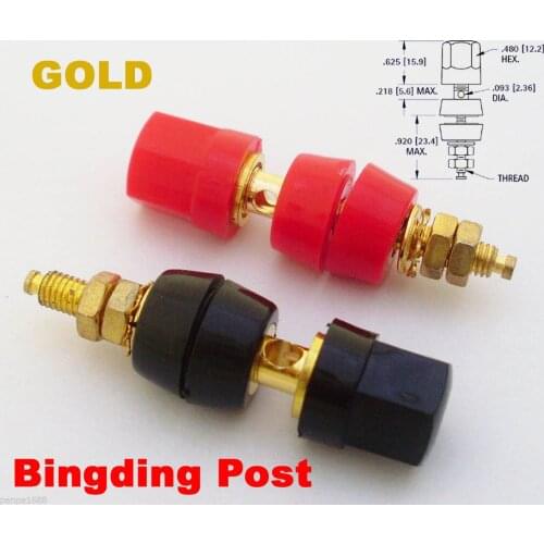 2pcs Standard Hex Head Gold Binding Post 4mm Banana Jack Female Red+Black