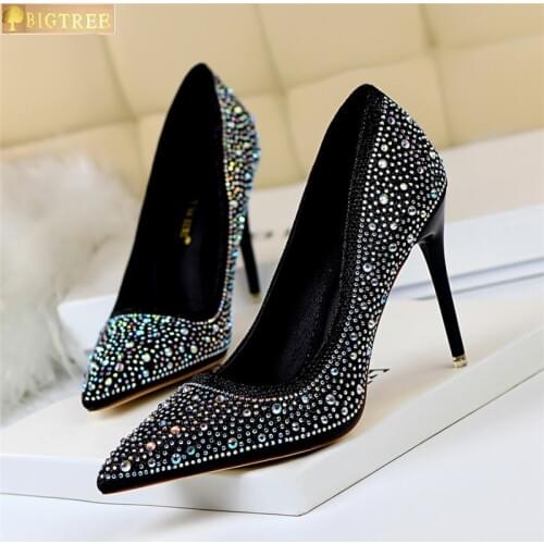 Women Shoes Pointed Toe Pumps Shallow mouth Pointed Rhinestone Colorful diamond 10CM thin High Heels Boat Wedding Dress Office