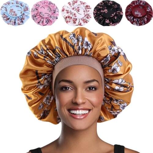 Women Floral Satin Sleep Caps Hair Protection Care Hat Elastic Flower Pattern Hairdressing Shower Cap Night Headband on the Head