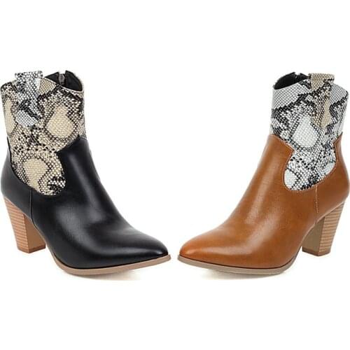 YQBTDL 2020 Autumn Winter Snake Print Block High Heels Ankle Western Boots Cowboy Boots Women Black Brown Cowgirl Shoes Big Size