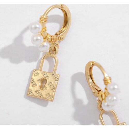 ALLNEWME Simple Gold Color Lock Pendant Earring for Women Metal Alloy Key Simulated Pearls Hoop Earrings Temperament Jewelry
