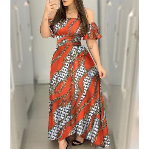 New Summer Style One-shoulder Printed Dress Women Plus Size 4XL Chain Print Off Shoulder Short Sleeves Big Hem Women Long Dress