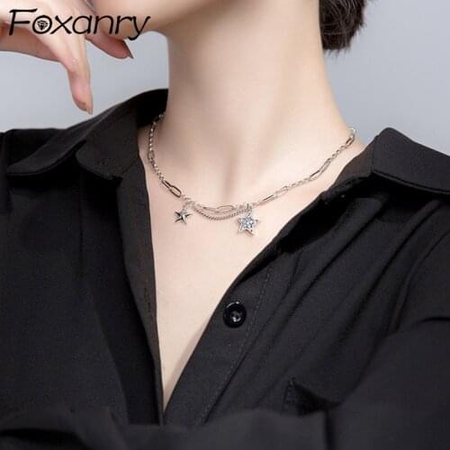 Foxanry 925 Sterling Silver Necklace for Women New Fashion Vintage Creative Zircon Star Tassel Bride Jewelry Party Accessories
