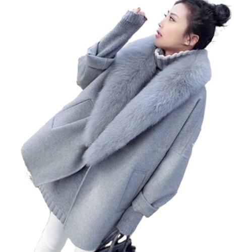 2020 popular new loose big fur collar autumn spring models woolen coat cloakWoolen coat female long section Korean version