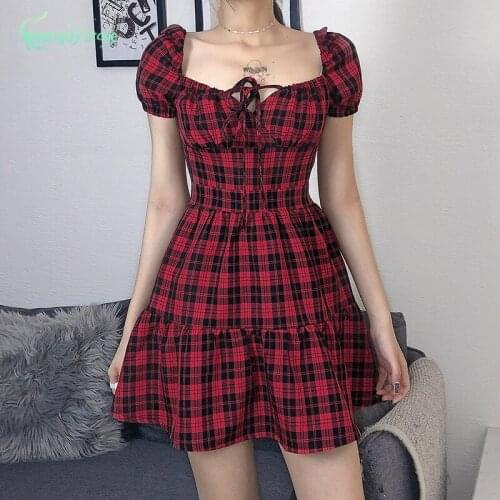2021 Fashion Women Plaid Skirt Summer Sundress Harajuku Cotagecore Sexy Mini Dress Elegantes Square - Cut Collar Vintage Dress