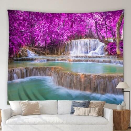 3D Waterfall Landscape Tapestry Green Forest Trees Plants Stones Beautiful Natural Scenery Bedroom Wall Hanging Blanket Decor