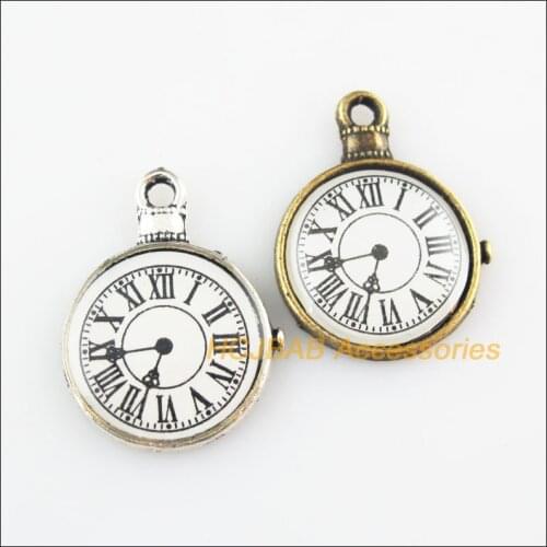 8Pcs Retro Tibetan Silver Tone Antiqued Bronze Tone Pocket Watch Charms Pendants 18x23.5mm