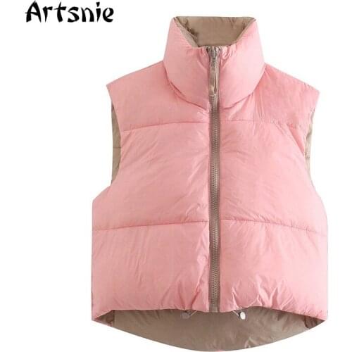 Artsnie Spring 2021 Parkas Vest Women Streetwear Casual Pink Zipper Turtleneck Thick Vest Coats High Waist Cotton Crop Vest