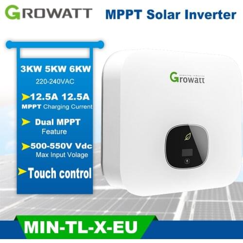 Growatt Grid Tie Mini Solar Inverter 3KW 5KW 6KW 230VAC Charger Max PV Input 550V Dual MPPT Tracking EU Version IP65 Touch Butto