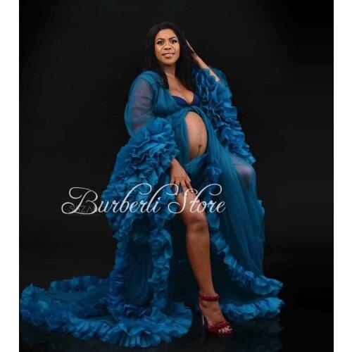 Classic Blue Ruffles Tiered Long Robes Maternity Dress With Flare Sleeves Sexy Open Front Pregnanty Women Gowns To Photo Shoot