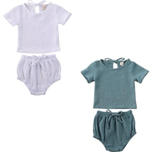 0-24M Infant Baby Boy Girl Clothes Sets Short Sleeve Cotton Tops+Shorts Pants Solid Summer Outfit Set