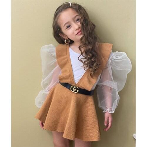 Little Girl’s Skirt Two Pieces Suit Fashion Solid Color Long Sleeve Tops and Knitted Suspender Skirt
