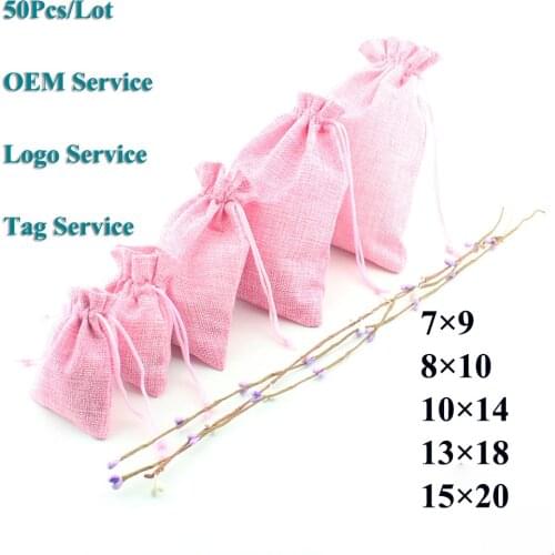 Linen Drawstring Wedding Candy Cookie Pouch 50Pcs/Lot Lash Lip Gloss Make Up Tools Gift Bag Natural Burlap Can Customized Logo