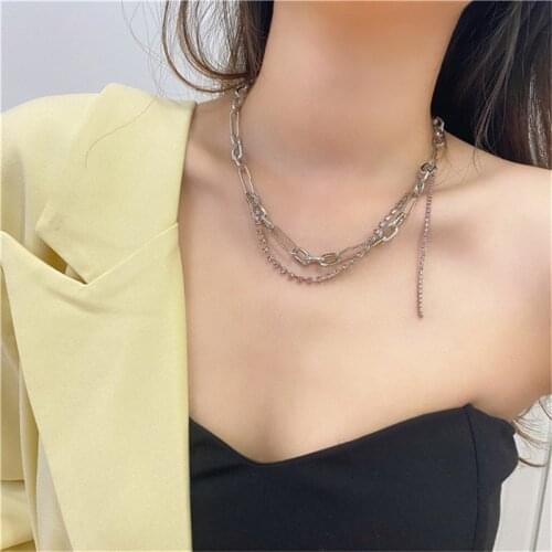 Metal chain necklace fashion trend vintage rhinestone stitching double necklace for women neck chains women jewelry accessories
