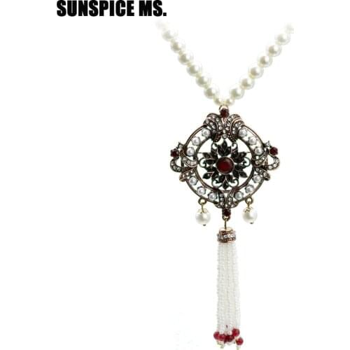 Luxury Boho Vintage Round Flower Beads Pendant Necklaces For Women Ethnic Wedding Jewelry Natural Stone Long Sweater Chain 2018