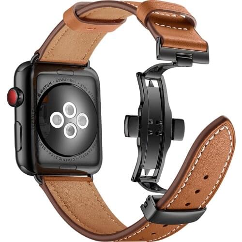 Brown Leather Black Butterfly Clasp Smartwatch Wristband 38mm 42mm Strap For Apple Watch Series 1 2 3 Substitutive Wrist Straps