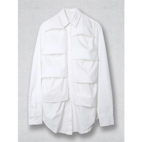 Mens long-sleeve shirt spring and autumn new solid color lapel round edge lamination youth fashion trend large size loose