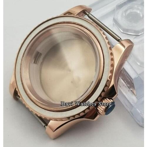 Sapphire 40mm Rose Gold Plated Watch Case Two-way Rotating Case Fit NH35 NH36 ETA 2836,DG2813/3804 Miyota 8215 821A movement
