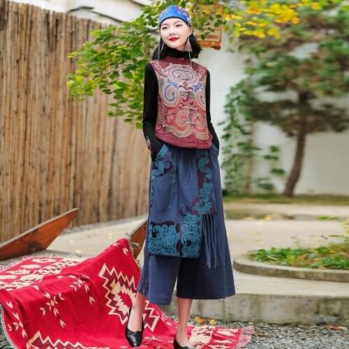 Wide Leg Harem Pants Trousers 2021 Chinese Style Streetwear Women Ethnic Vintage Embroidery Loose Long Cotton Linen Pants KK3645