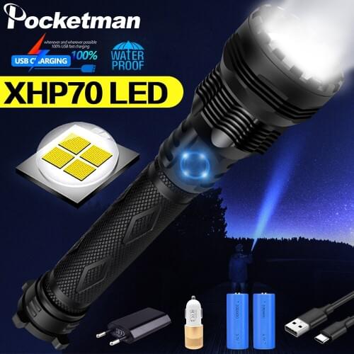 Ultra Bright XHP70 LED Flashlight XHP50 Torch Zoom Flashlight USB LED Torch Tactical Flashlight 18650 26650 Rechargeable Battery