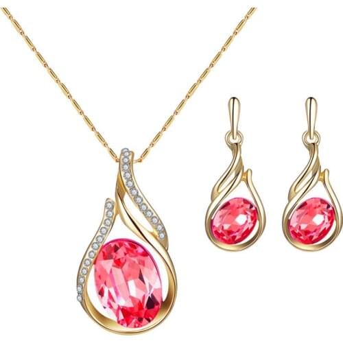 Women Rhinestone Oval Faux Quartz Pendant Ear Stud Earrings Necklace Jewelry Set