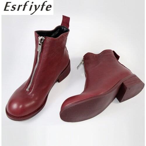 ESRFIYFE 2020 New Genuine Leather High Quality Women Chunky Heel Front Zipper Ankle Boots Round Toe Shoes Women Autumn Winter