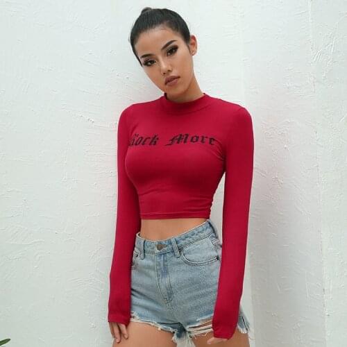 Women Harajuku Crop Top Red Turtleneck Letter Print Long Sleeve Graphic Tees 2021 Casual Skinny Y2k Cotton Crop T-Shirt Female