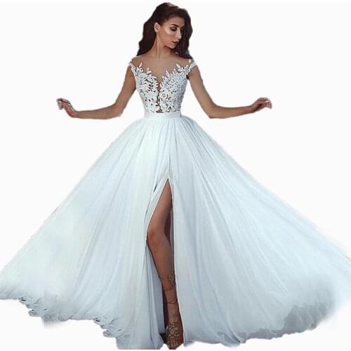 LZL Home Beach wedding dress side split bride dress white sleeveless applique lace dress Vestido De Noivaa