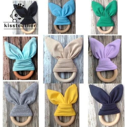 Bunny Ear Teether Wood Ring 12pc Teether Bell 70mm Natural Wood Teether Circle Fabric Wooden Teething training Baby Teether