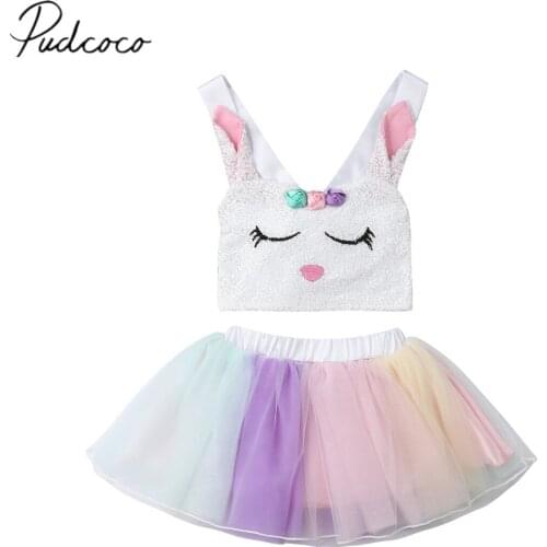 2019 Brand New Infant Kids Baby Girls Easter Clothes Sets 2PCS Cartoon Rabbit Vest Tops+Lace Tutu Skirts Summer Bunny Outfits