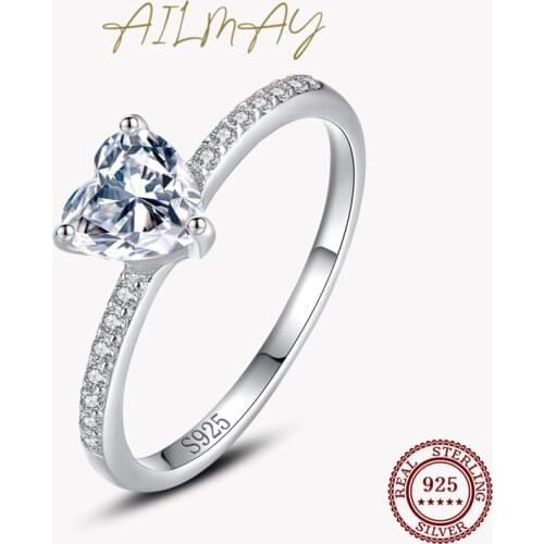 Ailmay Real 925 Sterling Silver Clear heart CZ Ring Sparkling Charm Finger Ring For Women Classic Wedding Statement Jewelry