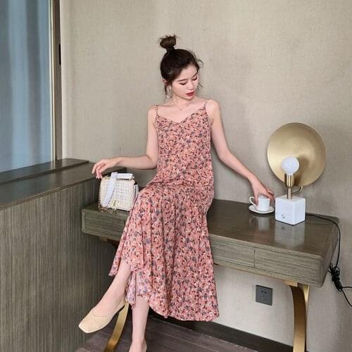 Large-size floral sling dress womens spring and summer 2021 new loose mid-length French temperament long dress
