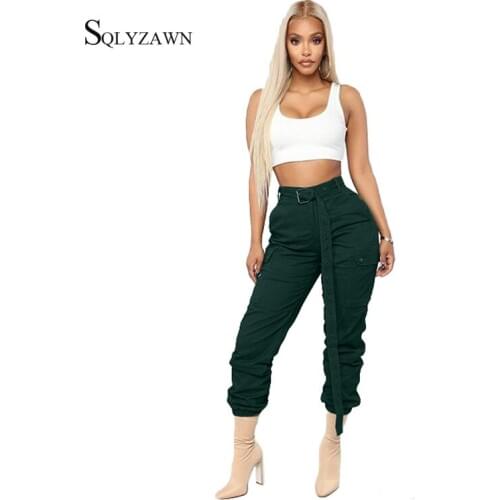 Casual High Waist Solid Women Autum Cargo Pants 2019 Fashion Loose Belted Pockets Trousers Women Casual Long Pants Sweatpant
