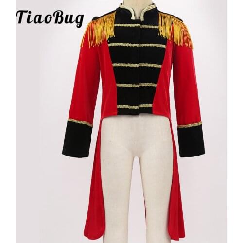 Kids Circus Costume Ringmaster Outfit Halloween Show Long Sleeves Stand Collar Fringes Gold Trimmings Tailcoat Jacket Roleplay