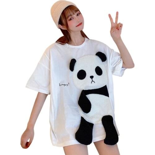 Summer Flocking Cartoon Panda Pattern Stitching T Shirts Women Kawaii Loose Top Girls Street Fashion Hip Hop Casual Top Tees