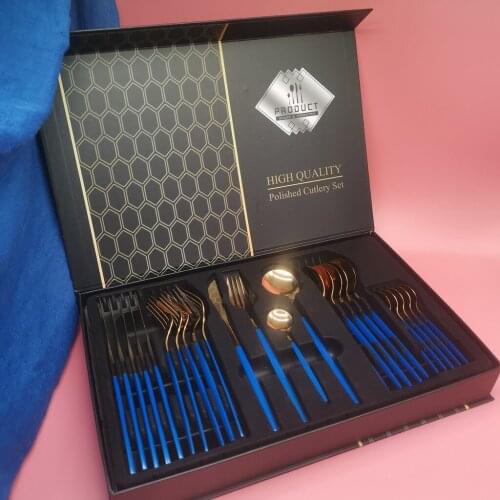 Hot sale 24pcs blue gold gift box Crafts bright Portuguese style stainless steel table knife Cutlery Coffee Spoon tableware set