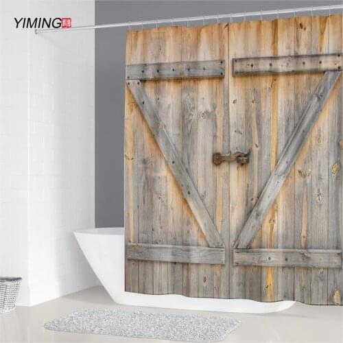 Retro brown 3D wooden door printing waterproof shower curtain polyester home decor curtain with hook curtain