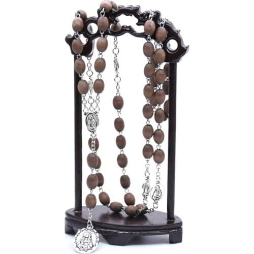 Fashion Wood Bead Catholic Rosary Cross Pendant Religious Chain Jewelry Necklace R2JC
