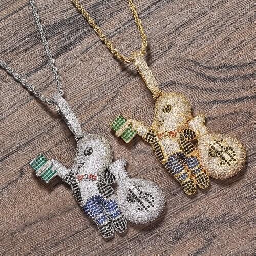 Small Size High Quality Brass CZ stones Cartoon Men Money Bag Necklace Hip hop pendant Jewelry Bling Bling Iced Out CN199