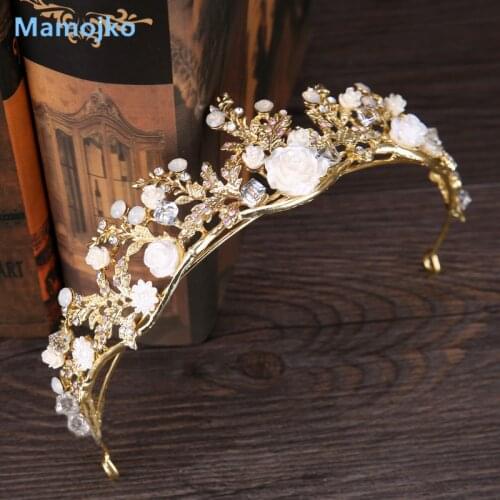 Mamojko New Rhinestone Crystal Resin Flower Bridal Crowns Handmade Gold Tiara Diadem Crown Wedding Hair Jewelry Accessories