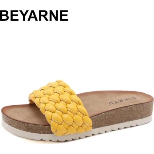 BEYARNE New Womens Summer Beach Cork Slippers Weave Non-slip Slides Female Flip Flops Ladies Sandals Comfortable Home Shoes