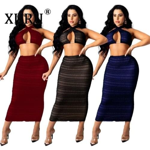 XURU New Womens Dress Suit Cross Wrinkle Perspective Sexy Mid-length Dress Two-piece Suit