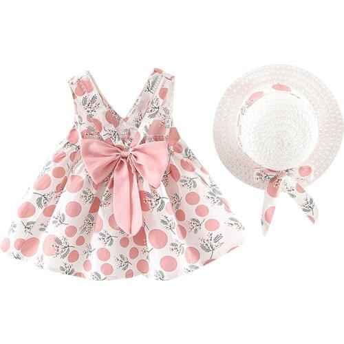 Dresses For Girls Toddler Baby Kids Girl Clothes Sleeveless Strap Dot Printed Bow Princess Dress Hat Outfits детская одежда W
