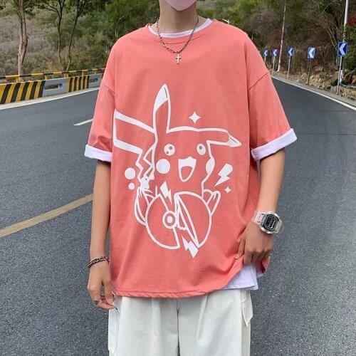 Pokemon Short sleeve t-shirt mens and womens wear top 2021 new trend summer Pikachu loose 5-point sleeve clothes