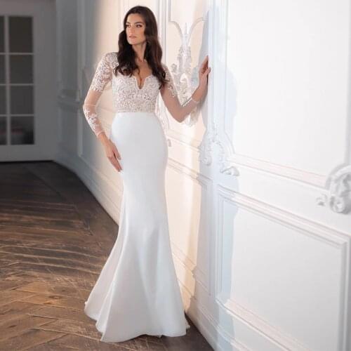 3/4 Sleeve Mermaid Wedding Dresses 2021 Sexy Deep V-Neck Lace Appliques Sweep Train Civil Bridal Gown With Button Back Satin