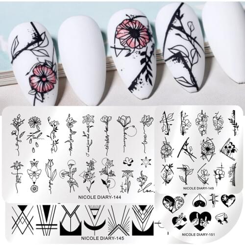 NICOLE DIARY Flower Line Image Stamp Plate Nail Art Stamping Templates Geometric Point Design Printing Stencil Transfer Tool