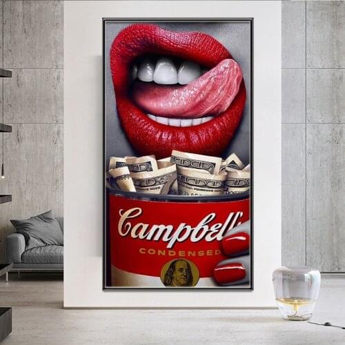 Living room decoration red lips woman eating money print wall oil painting canvas picture living room bar office home decoration