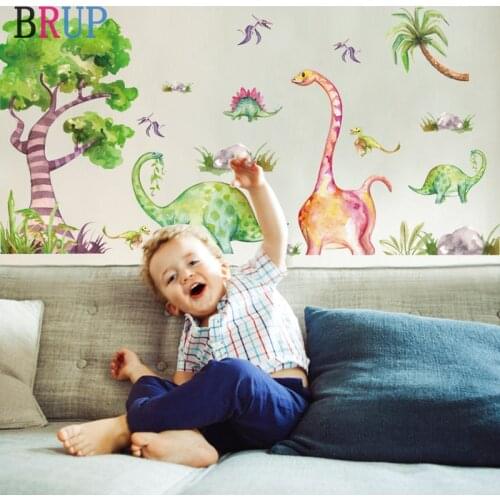 Cartoon Friendly Dinosaurs Wall Stickers for Kids Room PVC Vinyl Watercolor Animals Art Home Decor Children Gifts Stikers Muraux