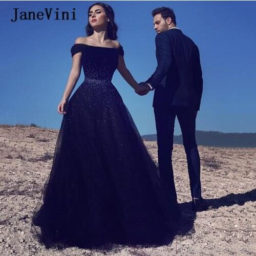 JaneVini Vintage Black Long Evening Dresses A Line 2020 Off Shoulder Beaded Tulle Floor Length Saudi Arabic Formal Evening Gowns