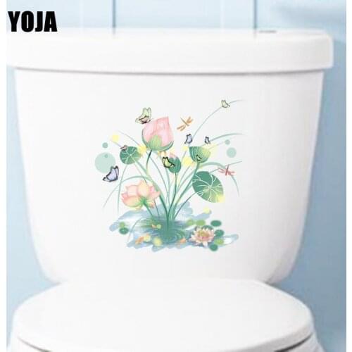 YOJA 22.4X22CM Butterflies Flying on Lotus Flowers Home Decor Toilet Decal Wall Sticker T3-1285